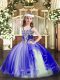 Blue Lace Up Girls Pageant Dresses Appliques Sleeveless Floor Length