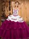 Fuchsia Sleeveless Embroidery and Ruffled Layers Lace Up Vestidos de Quinceanera