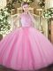 Rose Pink Zipper Ball Gown Prom Dress Beading Sleeveless Floor Length