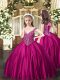 Fuchsia Lace Up Girls Pageant Dresses Beading Sleeveless Floor Length