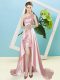 Trendy Baby Pink Empire One Shoulder Sleeveless Elastic Woven Satin and Sequined High Low Lace Up Sequins Prom Dress