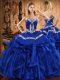 Floor Length Royal Blue 15 Quinceanera Dress Satin and Organza Sleeveless Embroidery and Ruffles