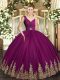 Dazzling Fuchsia Backless V-neck Beading and Appliques and Ruching Quinceanera Dress Tulle Sleeveless