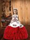 Red Sleeveless Floor Length Embroidery and Ruffles Lace Up Little Girl Pageant Dress