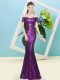 Chic Mermaid Purple Off The Shoulder Sequined Short Sleeves Floor Length Zipper
