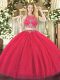 Suitable Beading Ball Gown Prom Dress Coral Red Zipper Sleeveless Floor Length