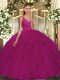 Fuchsia Tulle Backless Sweet 16 Dresses Sleeveless Floor Length Beading and Ruffles
