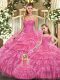 Dazzling Floor Length Rose Pink Ball Gown Prom Dress Organza Sleeveless Beading and Ruffled Layers