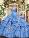 Fashion Floor Length Lace Up Sweet 16 Dresses Baby Blue for Military Ball and Sweet 16 and Quinceanera with Beading and Ruffles