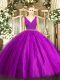 Purple Ball Gowns Tulle V-neck Sleeveless Beading Floor Length Zipper Sweet 16 Dresses