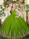 Tulle V-neck Sleeveless Zipper Appliques Quince Ball Gowns in Olive Green