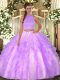 Lavender Two Pieces Organza Halter Top Sleeveless Beading and Ruffles Floor Length Backless 15th Birthday Dress