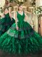 Enchanting Dark Green Sleeveless Floor Length Beading and Lace and Ruffles Backless Quince Ball Gowns
