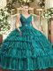 Sleeveless Organza Floor Length Backless Vestidos de Quinceanera in Teal with Beading and Ruffled Layers