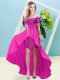 Amazing Fuchsia Empire Elastic Woven Satin and Sequined Off The Shoulder Short Sleeves Beading High Low Lace Up Homecoming Dress