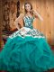 Superior Floor Length Teal Sweet 16 Quinceanera Dress Satin and Organza Sleeveless Embroidery and Ruffles