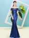 Royal Blue Off The Shoulder Neckline Sequins Prom Evening Gown Short Sleeves Zipper