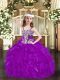 Purple Ball Gowns Straps Sleeveless Organza Floor Length Lace Up Beading and Ruffles Pageant Gowns For Girls