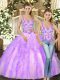 Traditional Lilac Ball Gowns Organza Straps Sleeveless Beading and Ruffles Floor Length Lace Up Sweet 16 Dresses