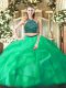 Turquoise Organza Zipper Halter Top Sleeveless Floor Length Quinceanera Dress Beading and Ruffles