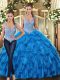 Floor Length Teal 15 Quinceanera Dress Tulle Sleeveless Beading and Ruffles