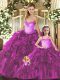 Attractive Organza Sweetheart Sleeveless Lace Up Ruffles Quince Ball Gowns in Fuchsia