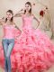 Sophisticated Watermelon Red Organza Lace Up Sweetheart Sleeveless Floor Length Quinceanera Dresses Beading and Ruffles