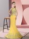 Popular Gold High-neck Zipper Beading and Appliques Prom Gown Sweep Train Sleeveless