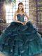 Best Sweetheart Sleeveless Quinceanera Gown Floor Length Beading and Ruffles Teal Tulle