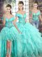 Aqua Blue Organza Lace Up Quinceanera Gowns Sleeveless Brush Train Beading and Ruffles
