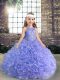 Dazzling Floor Length Lavender Kids Formal Wear Fabric With Rolling Flowers Sleeveless Beading and Ruffles