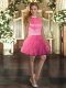 Halter Top Sleeveless Prom Evening Gown Mini Length Beading and Ruffles Pink Tulle
