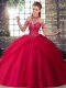 Luxurious Coral Red Lace Up Sweet 16 Dress Beading and Pick Ups Sleeveless Brush Train
