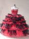 Red And Black Sleeveless Beading and Ruffled Layers Floor Length 15th Birthday Dress