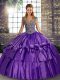 Spectacular Sleeveless Floor Length Beading and Ruffled Layers Lace Up Quince Ball Gowns with Purple