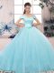 Best Aqua Blue Short Sleeves Floor Length Lace and Hand Made Flower Lace Up Sweet 16 Quinceanera Dress