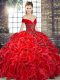 Red Organza Lace Up Off The Shoulder Sleeveless Floor Length Quinceanera Gowns Beading and Ruffles