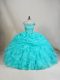Organza Off The Shoulder Sleeveless Lace Up Beading and Ruffles Quinceanera Gown in Aqua Blue
