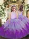 Multi-color Tulle Backless High-neck Sleeveless Floor Length Little Girl Pageant Dress Ruffles