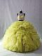Organza and Sequined Scoop Sleeveless Brush Train Zipper Beading and Ruffles Quinceanera Gown in Yellow Green