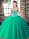 New Style Turquoise Ball Gowns Tulle Sweetheart Sleeveless Beading and Pick Ups Lace Up Quinceanera Dress Brush Train