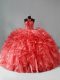 Fancy Coral Red Ball Gowns Halter Top Sleeveless Organza Brush Train Zipper Beading and Ruffles Quinceanera Dresses