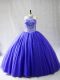 Blue Halter Top Neckline Beading Ball Gown Prom Dress Sleeveless Lace Up