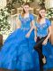 Blue Sweet 16 Dress Military Ball and Sweet 16 and Quinceanera with Beading and Ruffles Sweetheart Sleeveless Lace Up