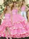 Smart Ruffled Layers Vestidos de Quinceanera Rose Pink Lace Up Sleeveless Floor Length