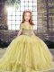 Custom Designed Yellow Tulle Lace Up Off The Shoulder Sleeveless Floor Length Little Girls Pageant Dress Beading