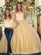 Lovely Gold Two Pieces Scoop Sleeveless Tulle Floor Length Clasp Handle Lace and Appliques 15 Quinceanera Dress