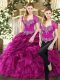 Best Selling Fuchsia Organza Lace Up Quinceanera Gowns Sleeveless Floor Length Beading and Ruffles and Pick Ups