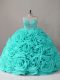 Extravagant Sleeveless Fabric With Rolling Flowers Lace Up Quince Ball Gowns in Aqua Blue with Beading