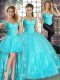 Unique Off The Shoulder Sleeveless Sweet 16 Dresses Floor Length Beading and Appliques Aqua Blue Tulle
